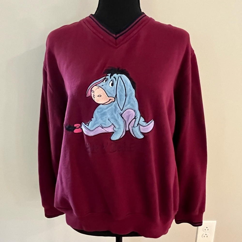 Vintage Disney Eeyore Sweatshirt Burgundy Embroidered V-Neck Winnie the Pooh M